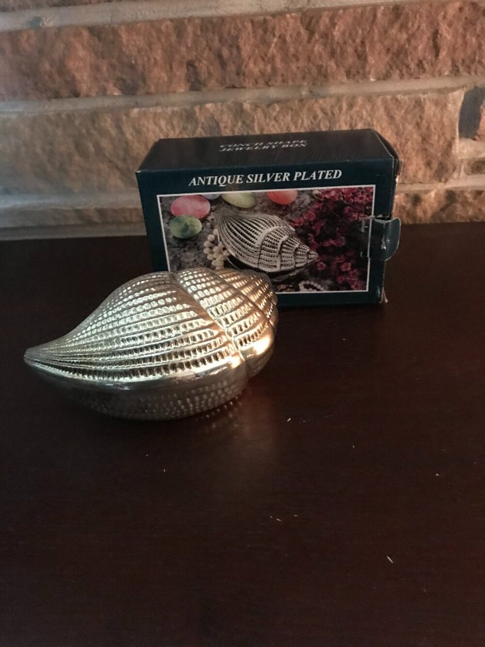 SILVER TONE ORNATE METAL CONCH SEA SHELL DECORATIVE FIGURINE TRINKET BOX